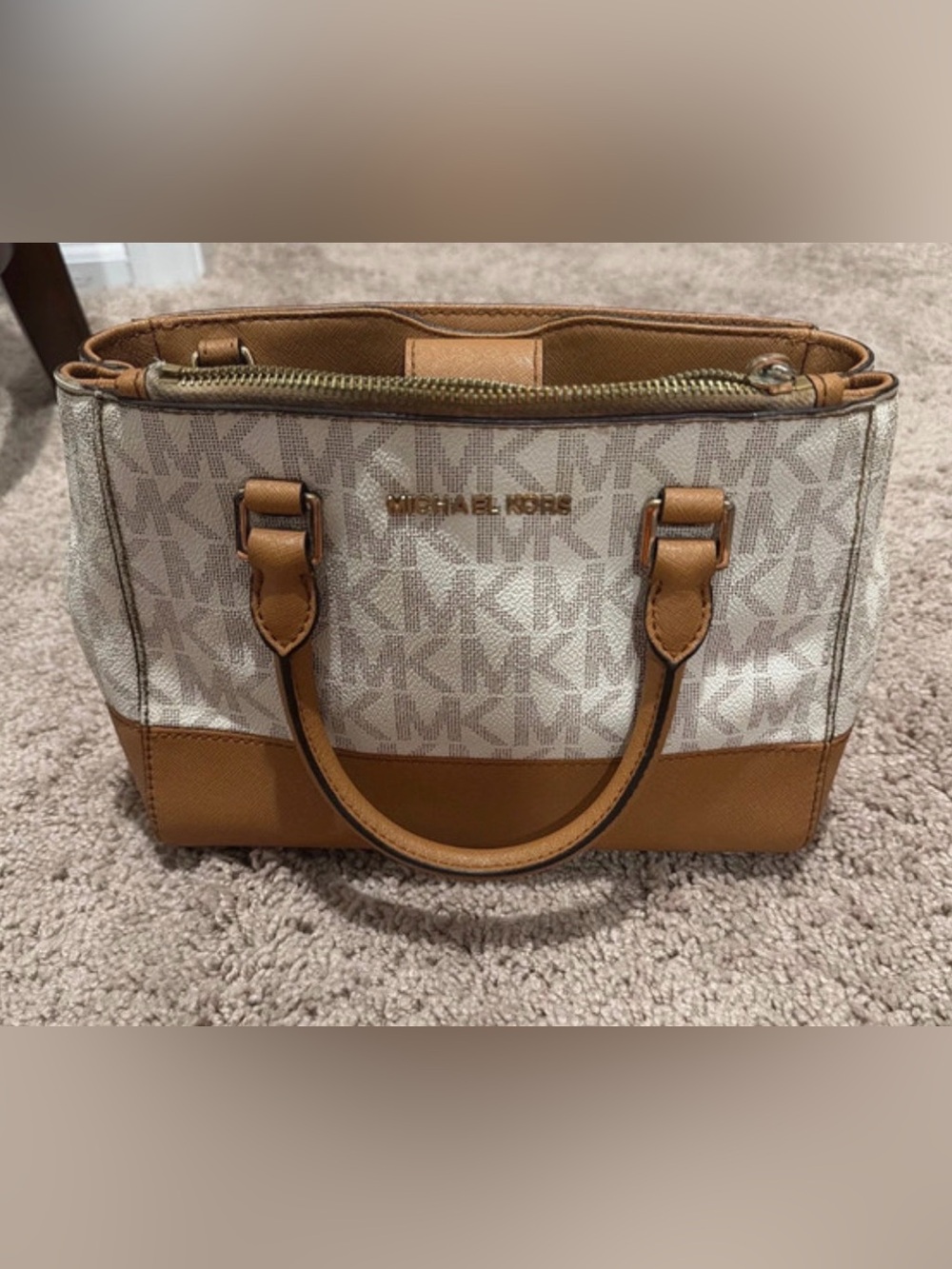 Michael Kors Cream Logo Canvas Satchel with Brown Trim